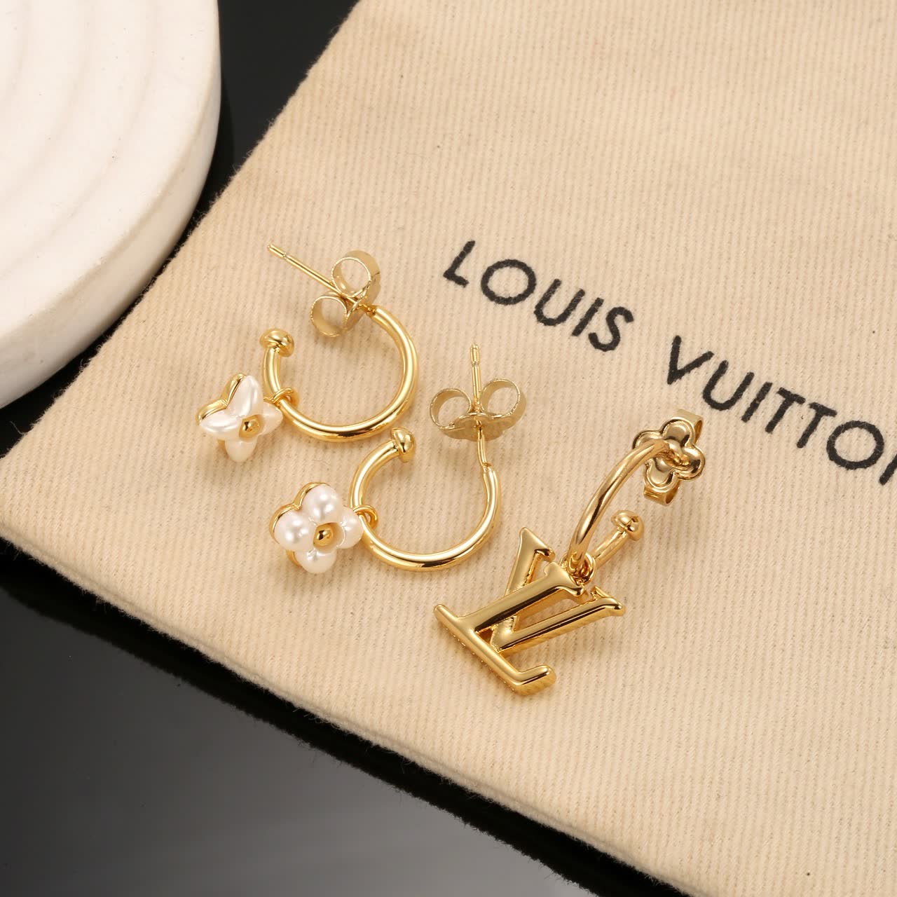Louis Vuitton Gold Tone Logo & Pearl Flower Hoop Earrings